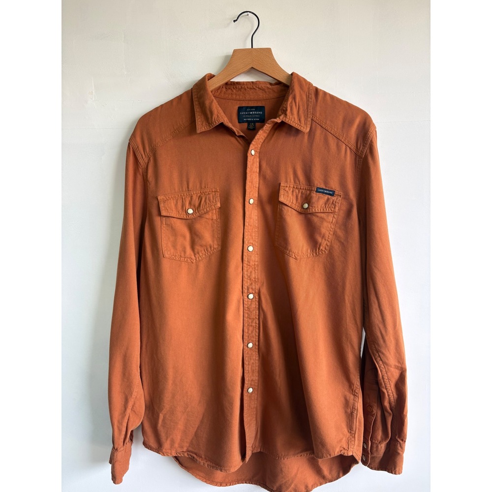 Lucky Brand Mens Washed & Worn Western pearl Snap Front Shirt Burnt Orange Large